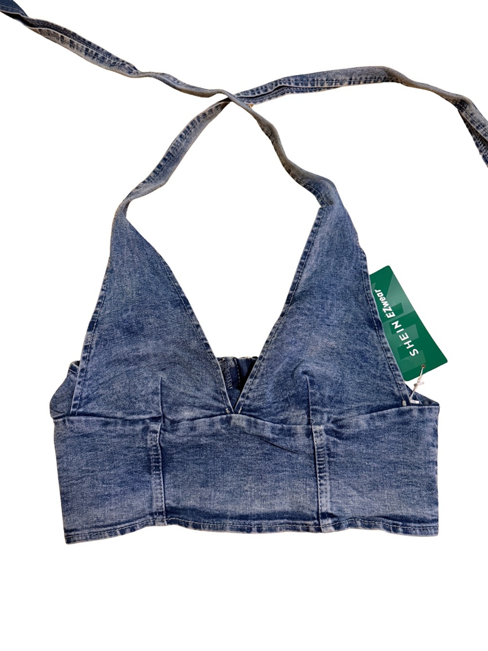 SHEIN Washed Denim Halter Crop Top - Blue